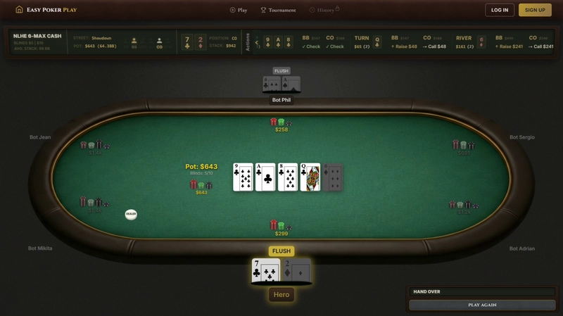 EasyPokerPlay gameplay: No Limit Hold'em poker simulator in action